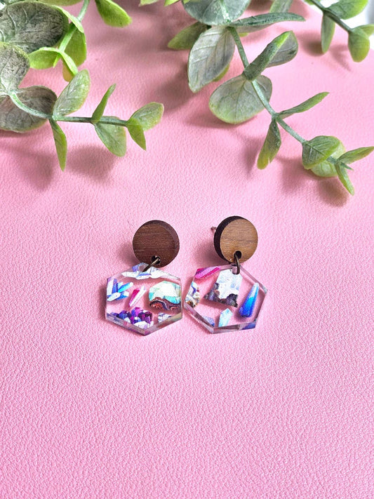 Clear Crystal Earrings with Wooden Stud Toppers