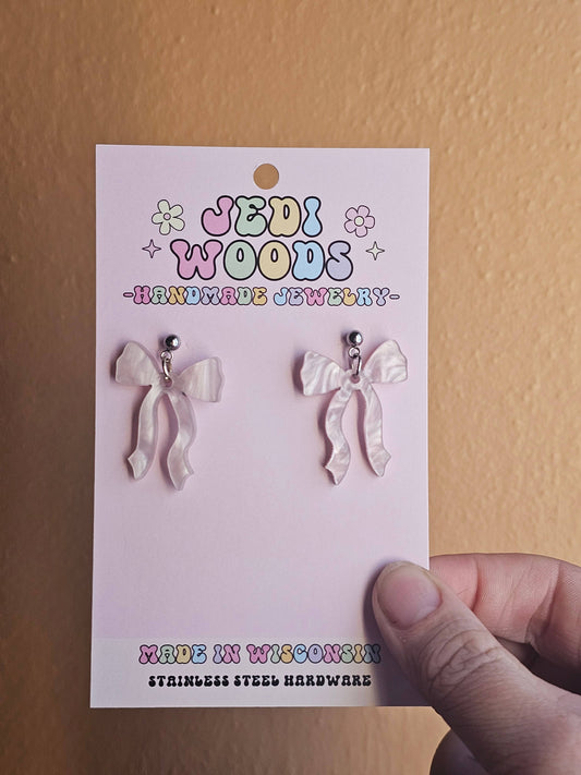 Light Swirly Pink Bow Earrings with Silver Stud Topper