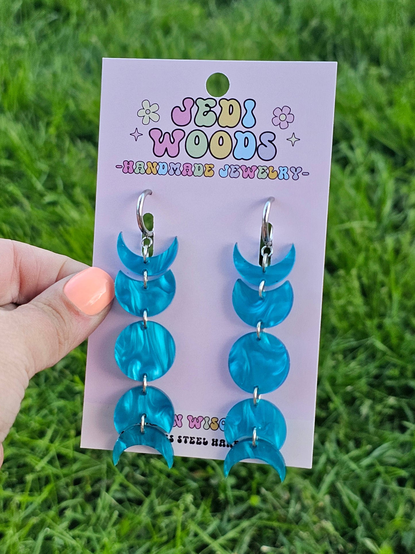 Silky Blue Moon Phase Earrings with Gauge Friendly Hardware