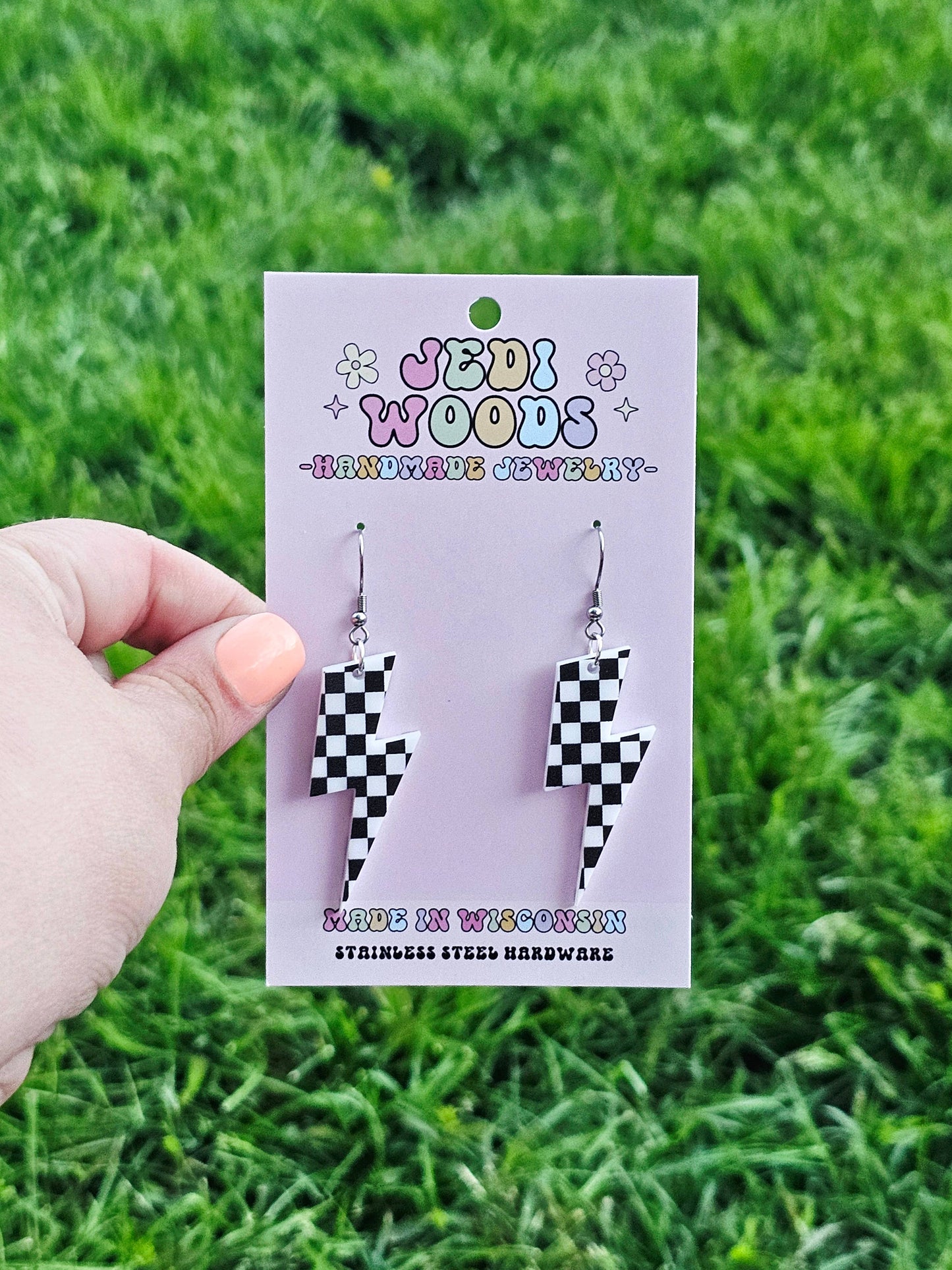 Checkered Flag Acrylic Lightening Bolt Earrings