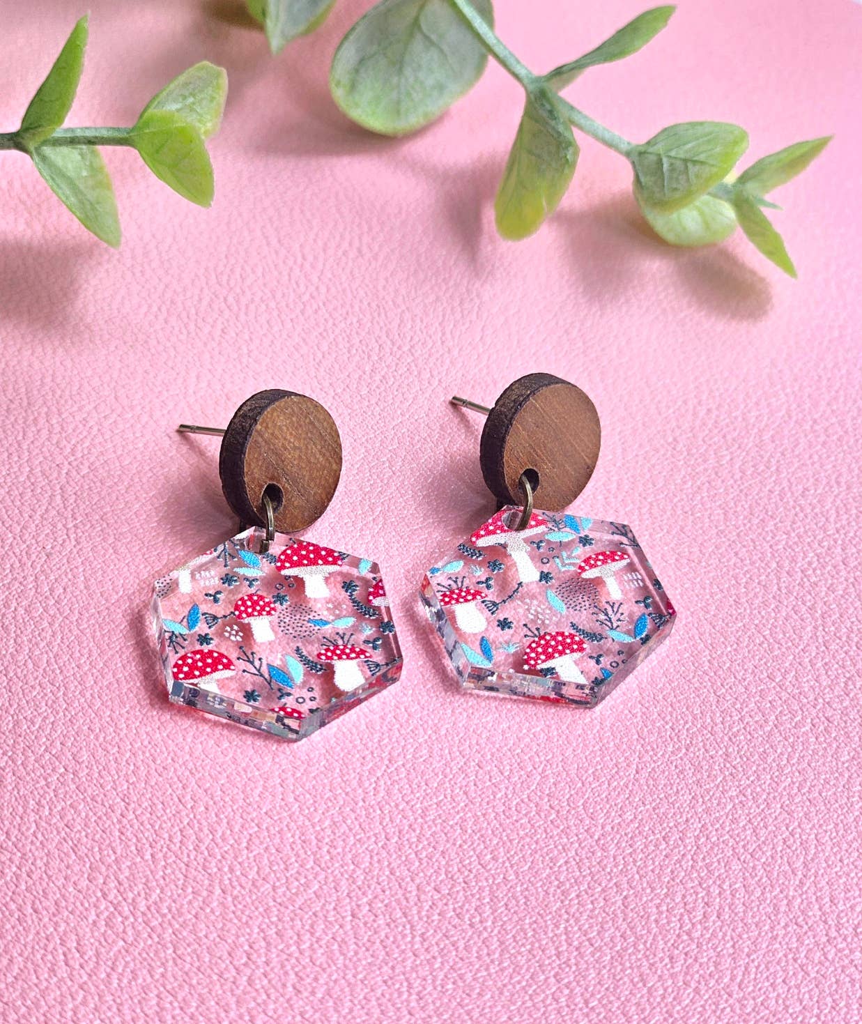 Red Mushroom Small Dangle Earrings with Wood Stud Topper