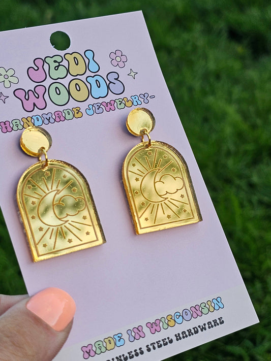 Celestial Golden Tarot Style Moon and Cloud Earrings
