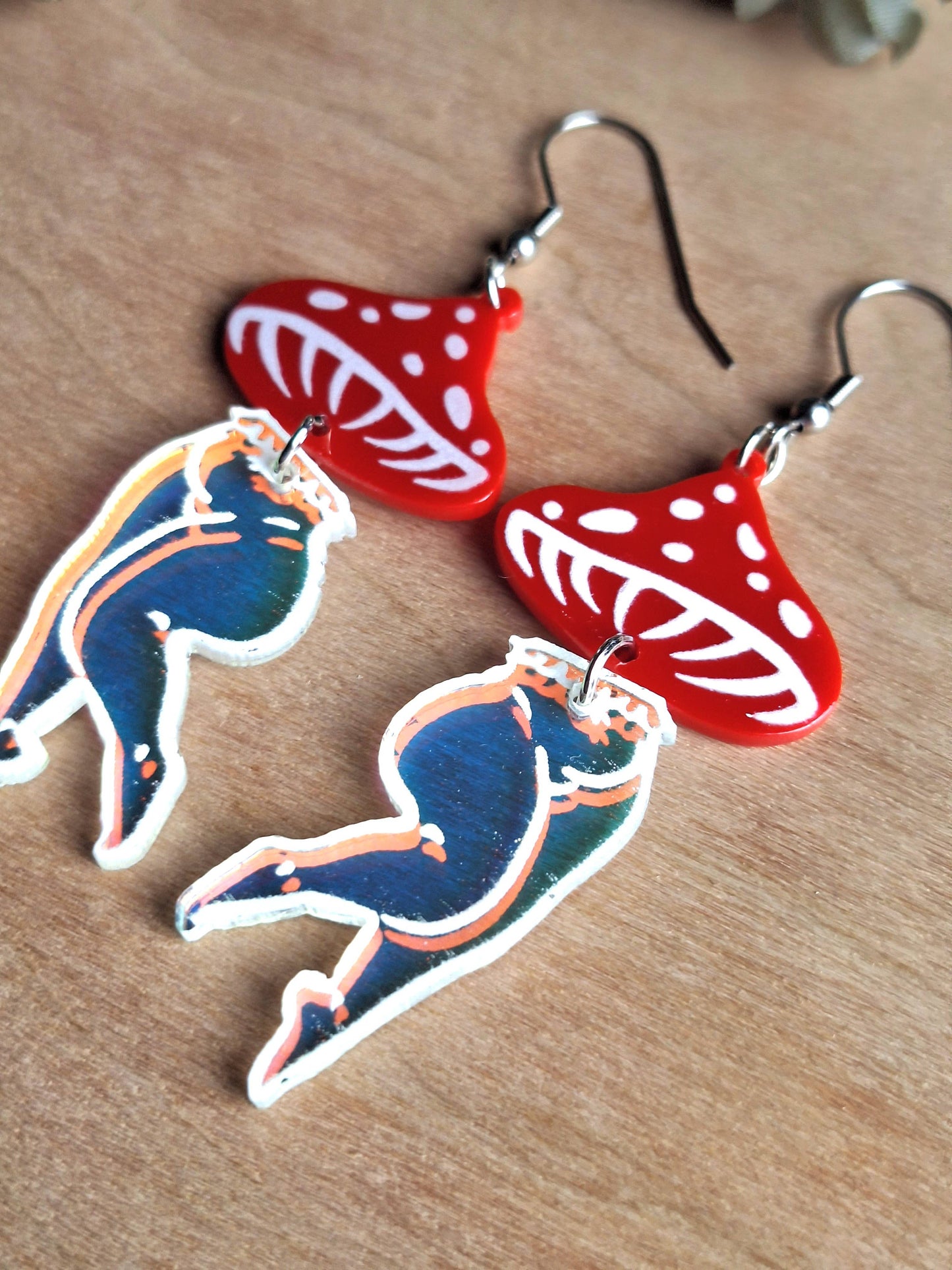Mushroom Lady Earrings with Red and Irredescent Acrylic