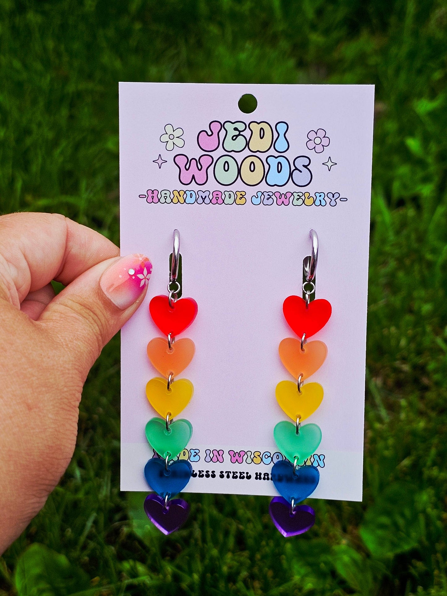 Rainbow Heart Drop Earrings with Gauge Friendly Hardware: Stainless Steel Huggies