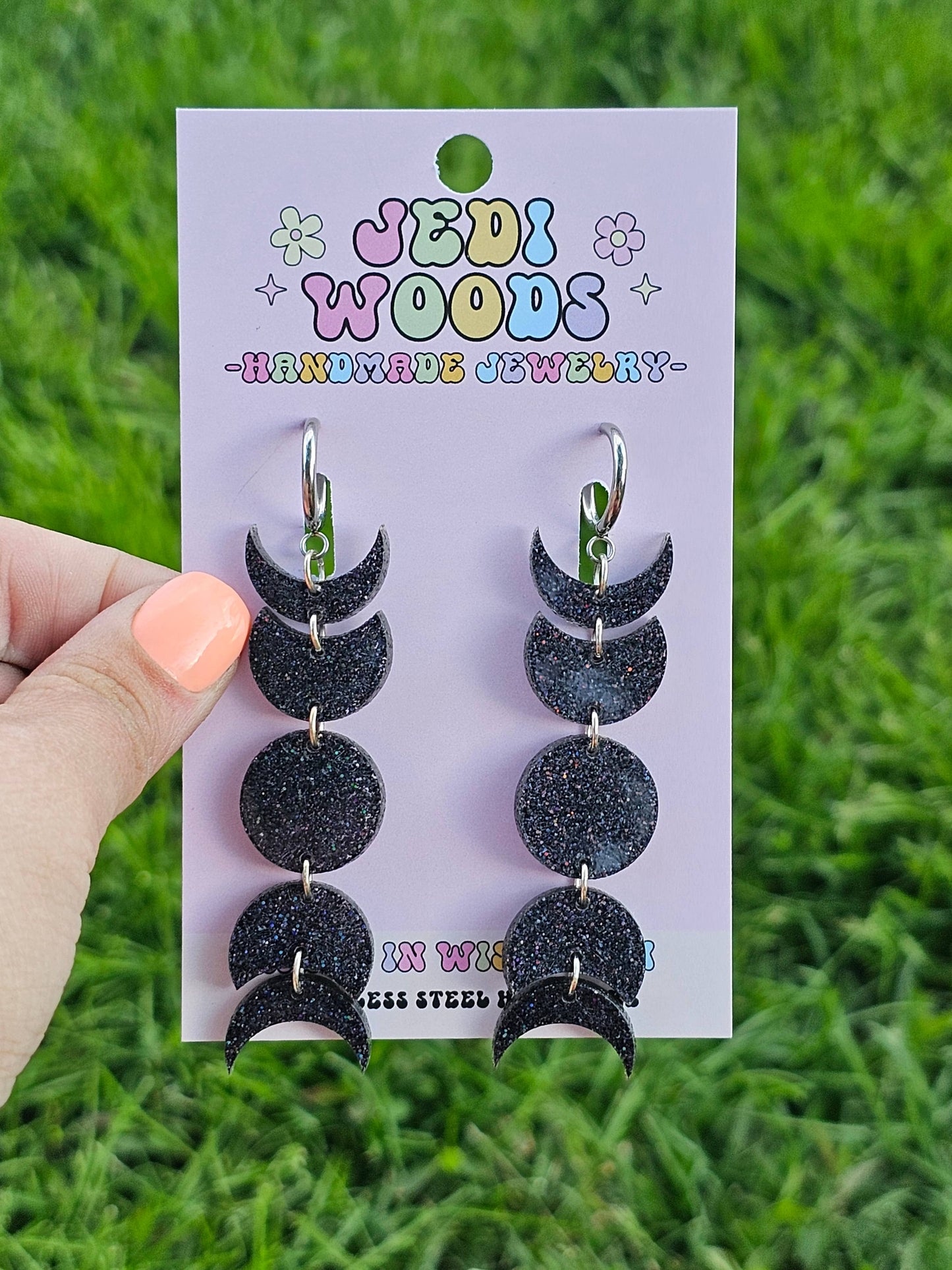 Black Glitter Moon Phase Earrings - Gauge Friendly Huggies