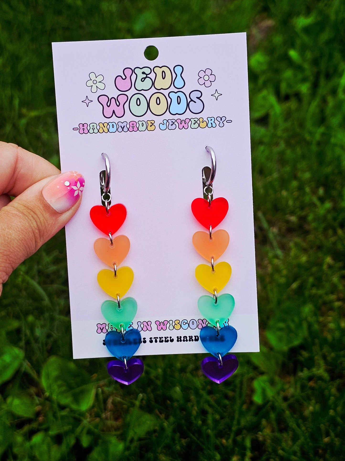 Rainbow Heart Drop Earrings with Gauge Friendly Hardware: Stainless Steel Huggies