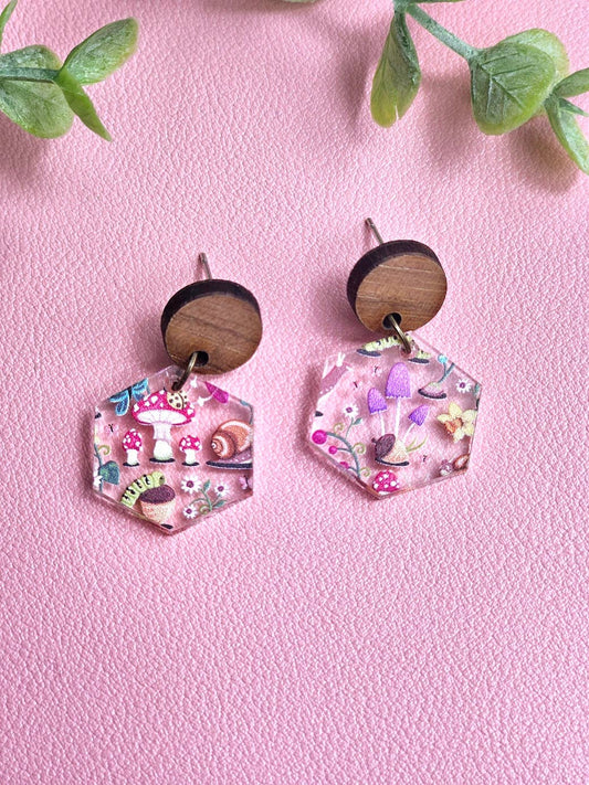 Mushroom Forest Earring Dangle with Wood Stud Topper
