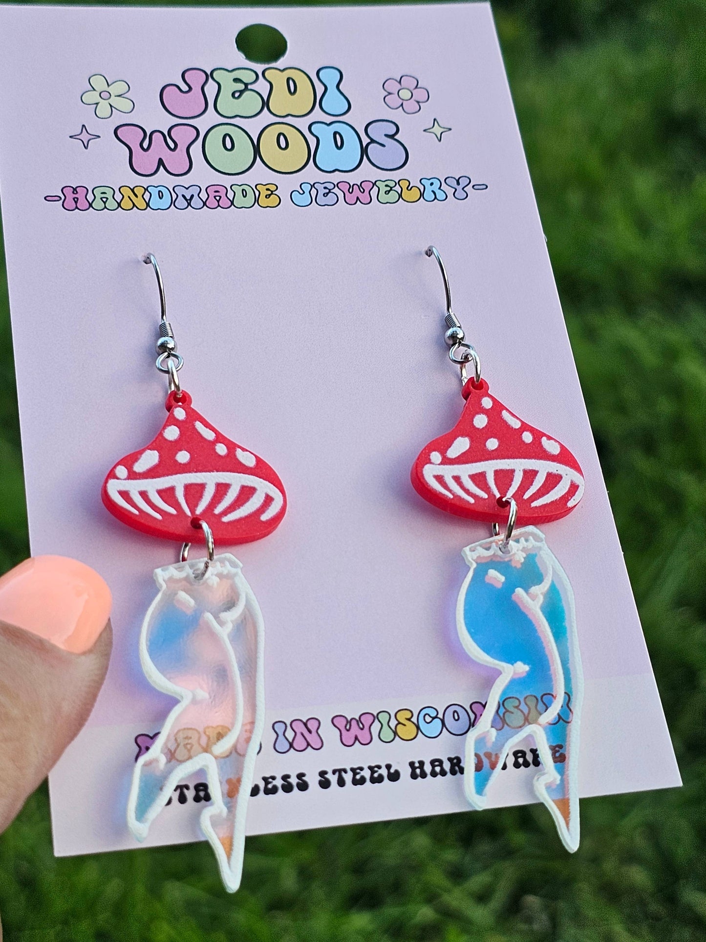 Mushroom Lady Earrings with Red and Irredescent Acrylic