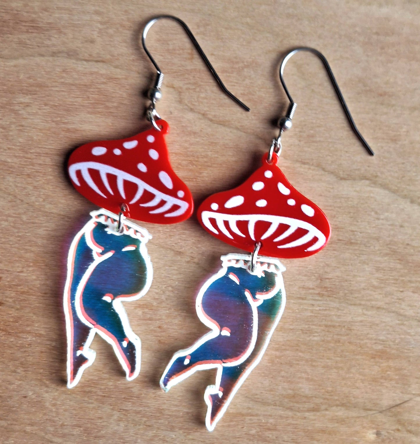 Mushroom Lady Earrings with Red and Irredescent Acrylic