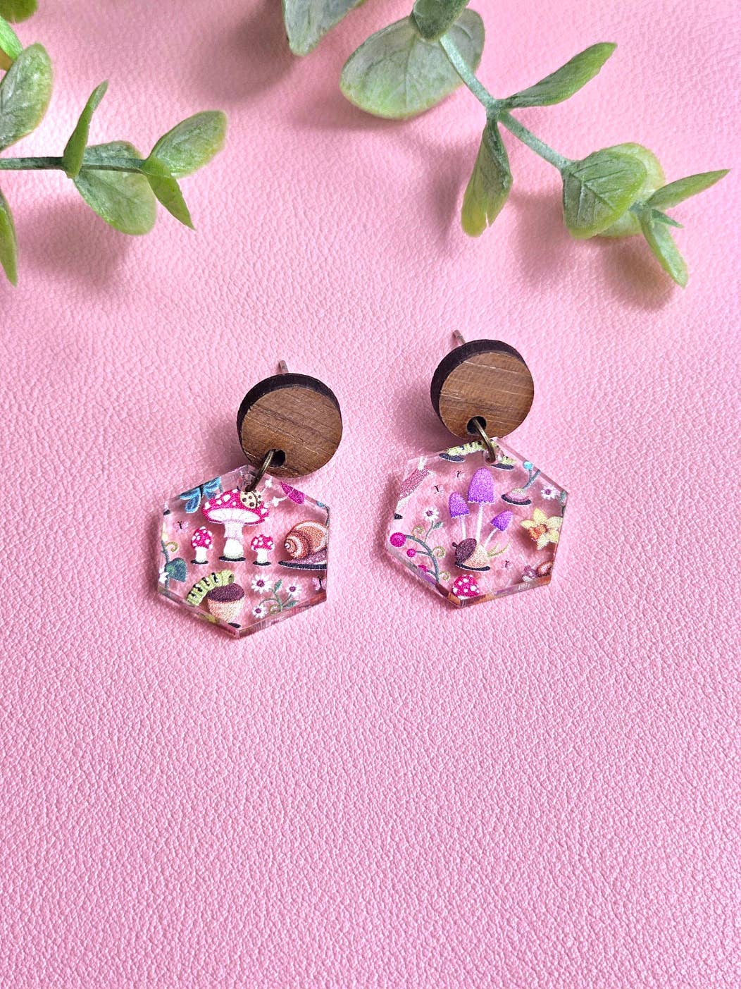 Mushroom Forest Earring Dangle with Wood Stud Topper