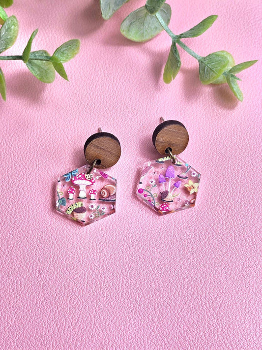 Mushroom Forest Earring Dangle with Wood Stud Topper