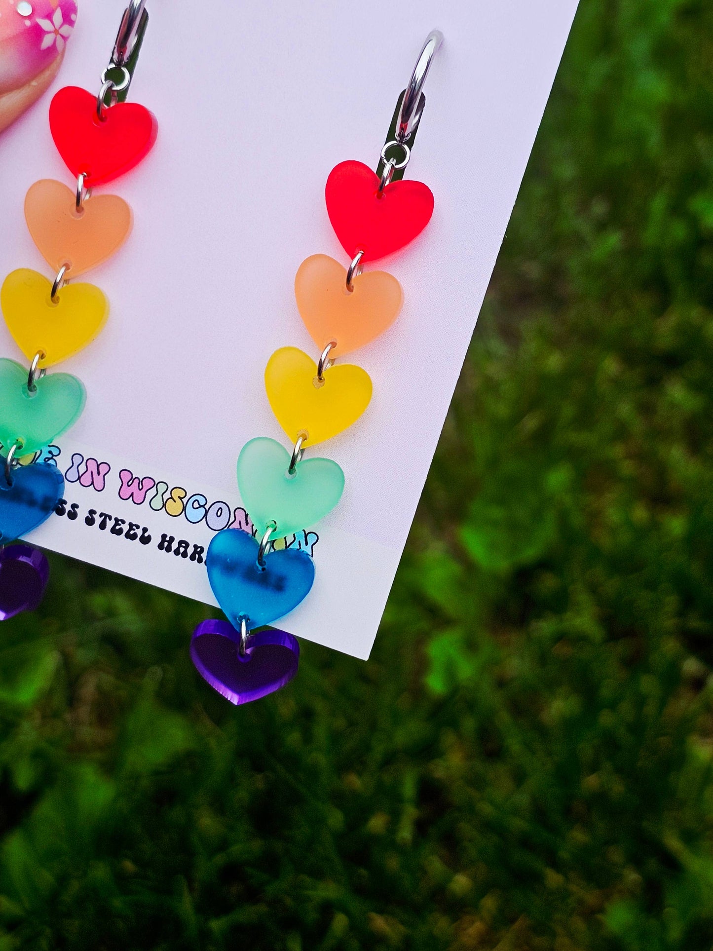 Rainbow Heart Drop Earrings with Gauge Friendly Hardware: Stainless Steel Huggies