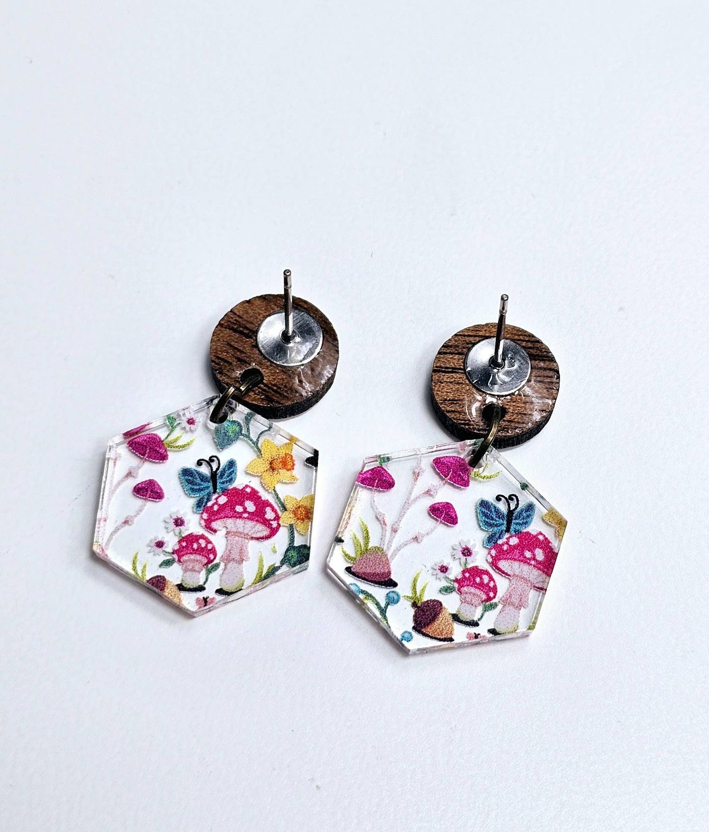 Mushroom Forest Earring Dangle with Wood Stud Topper