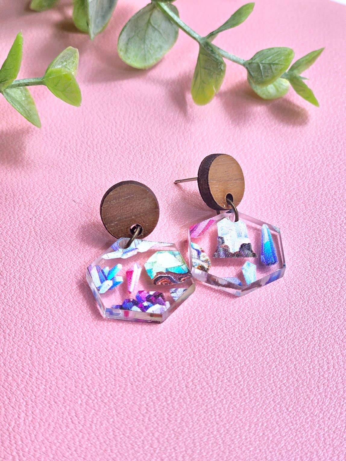 Clear Crystal Earrings with Wooden Stud Toppers