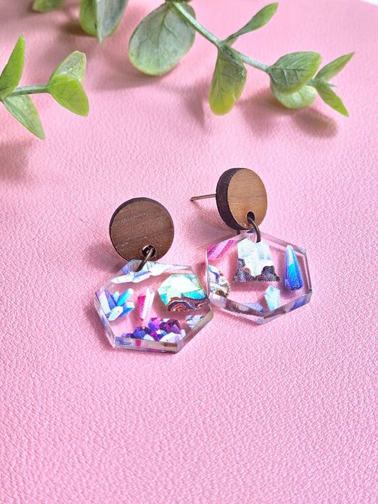 Clear Crystal Earrings with Wooden Stud Toppers