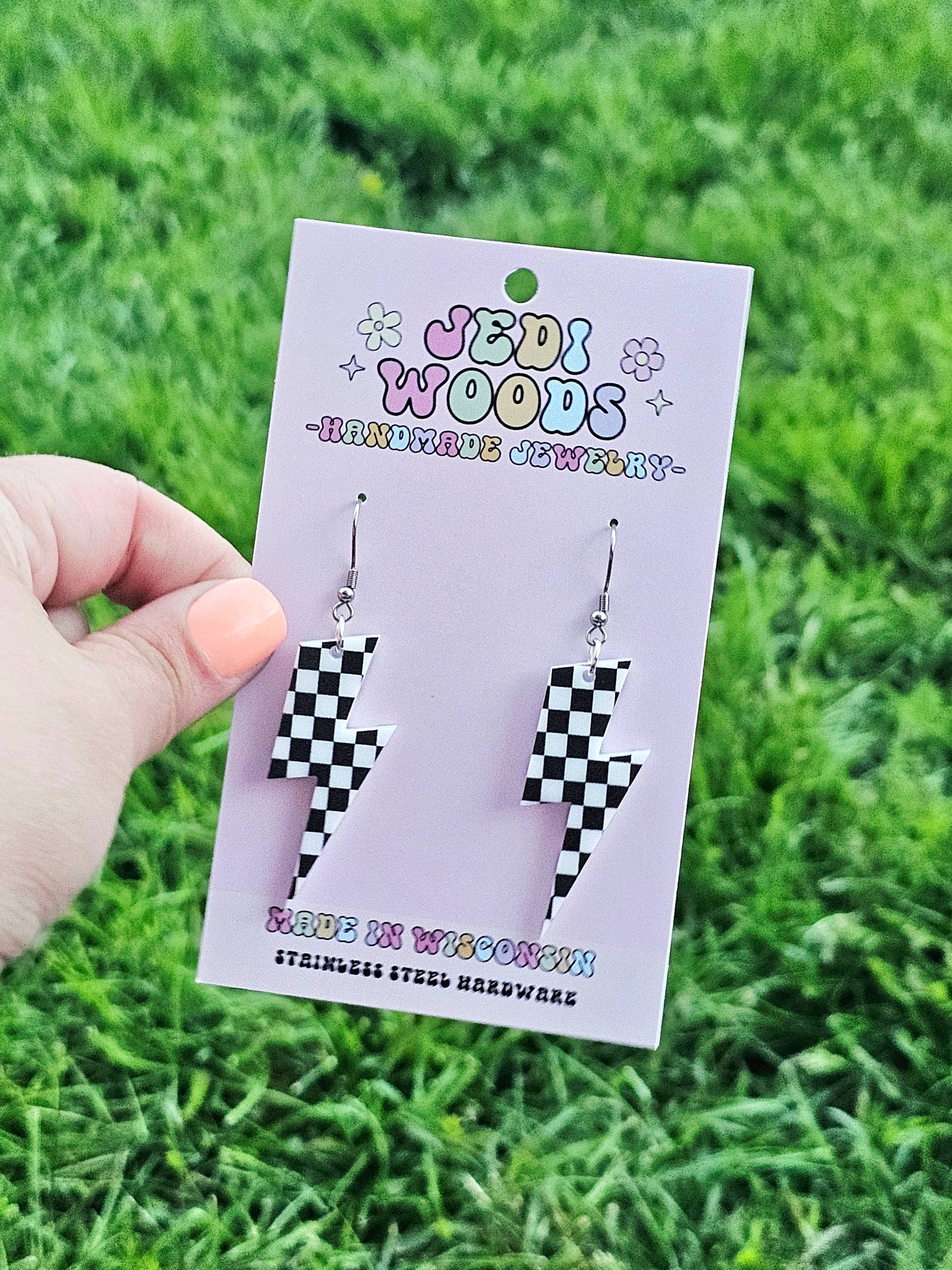 Checkered Flag Acrylic Lightening Bolt Earrings