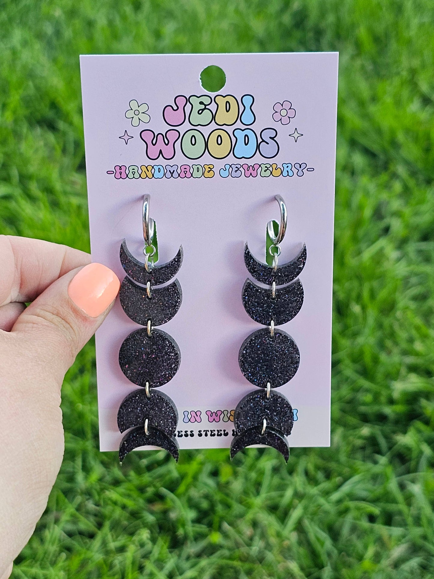 Black Glitter Moon Phase Earrings - Gauge Friendly Huggies