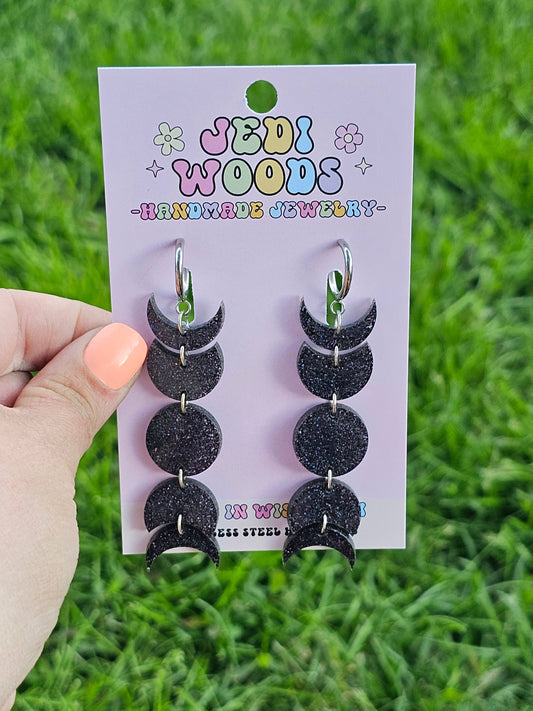 Black Glitter Moon Phase Earrings - Gauge Friendly Huggies