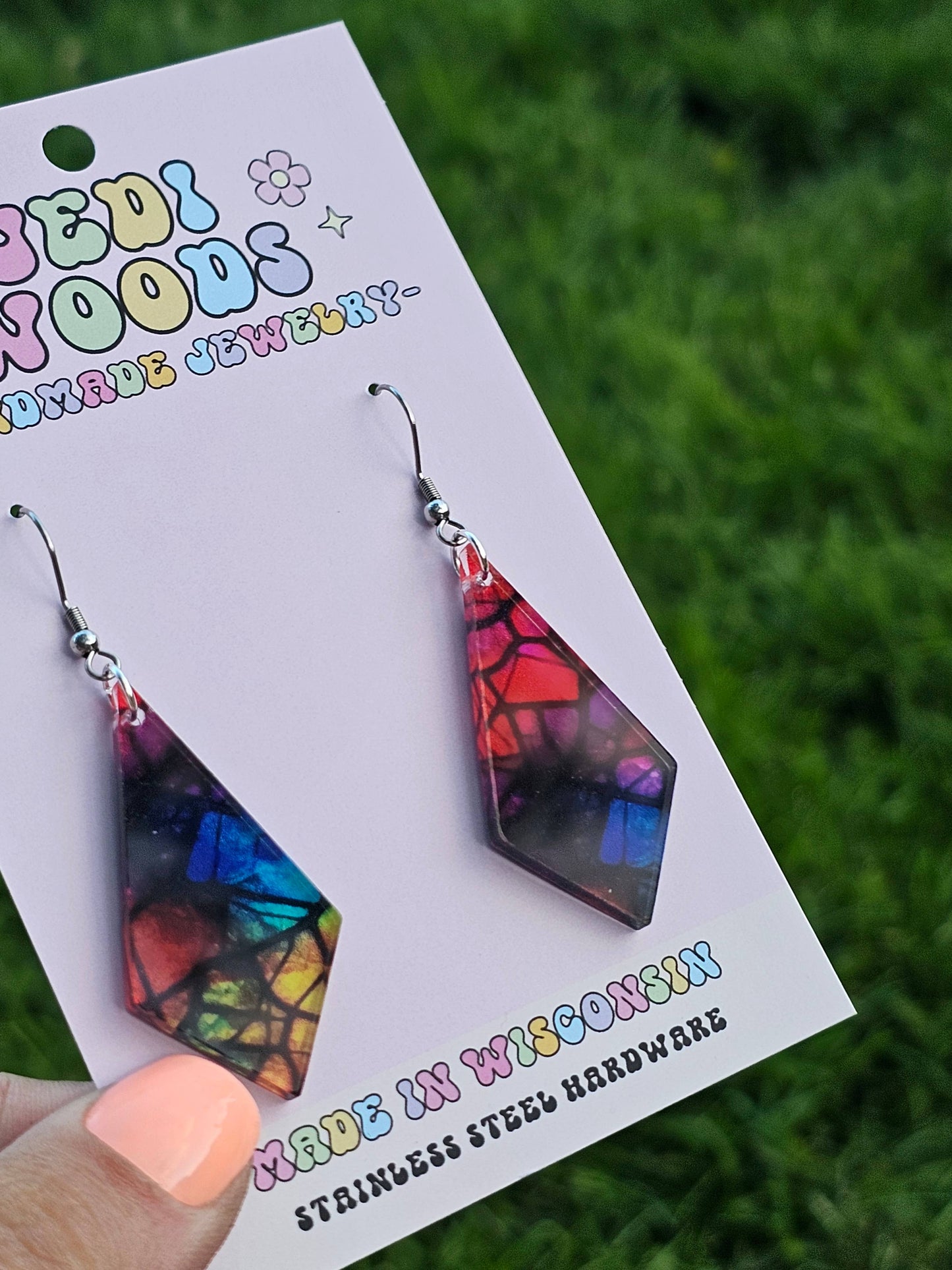 Stained Glass Rainbow Diamond Kite Shaped Earrings