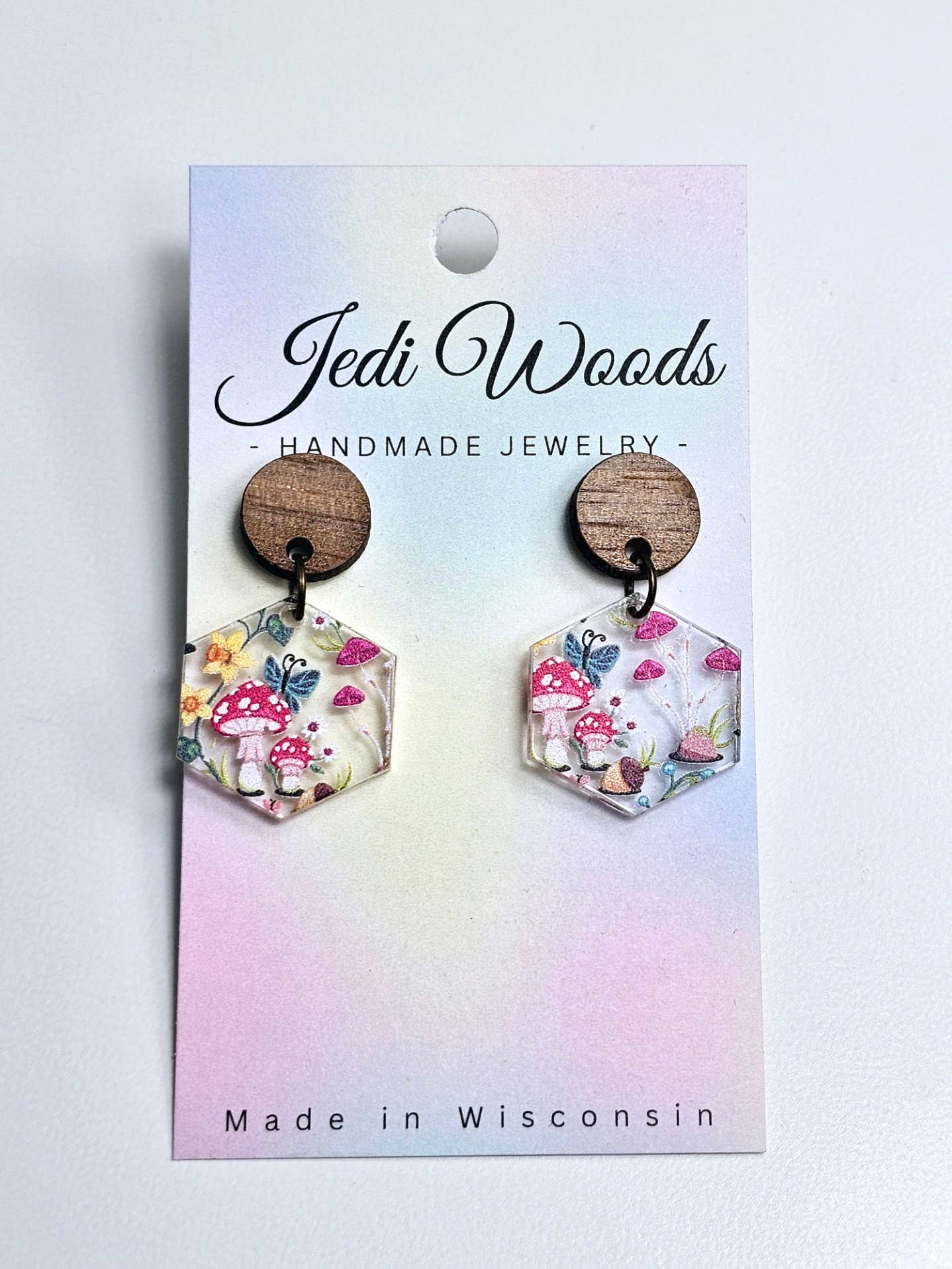 Mushroom Forest Earring Dangle with Wood Stud Topper