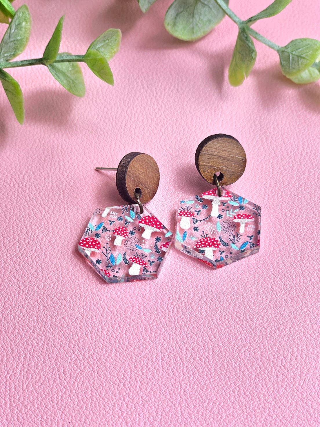 Red Mushroom Small Dangle Earrings with Wood Stud Topper
