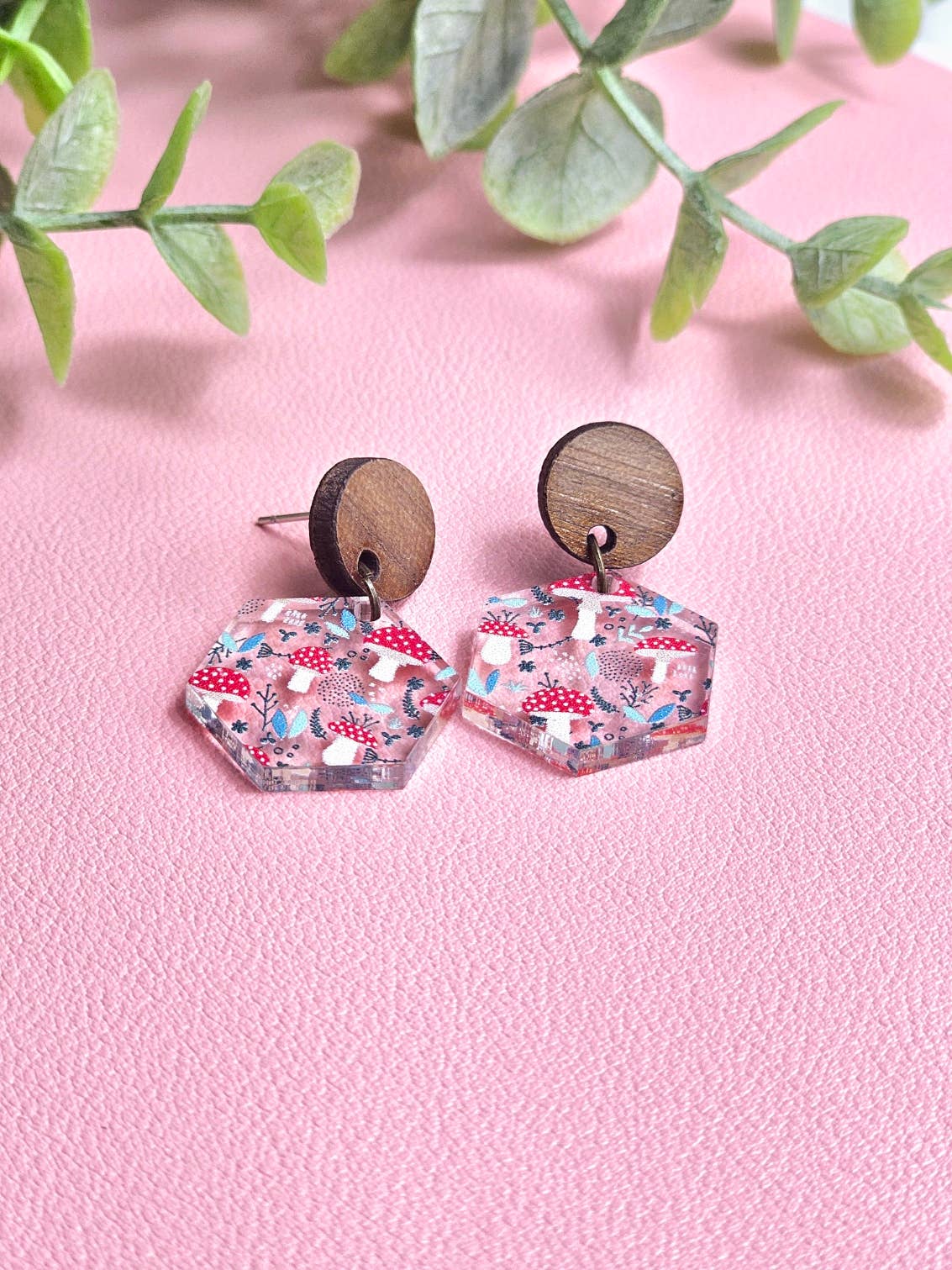 Red Mushroom Small Dangle Earrings with Wood Stud Topper