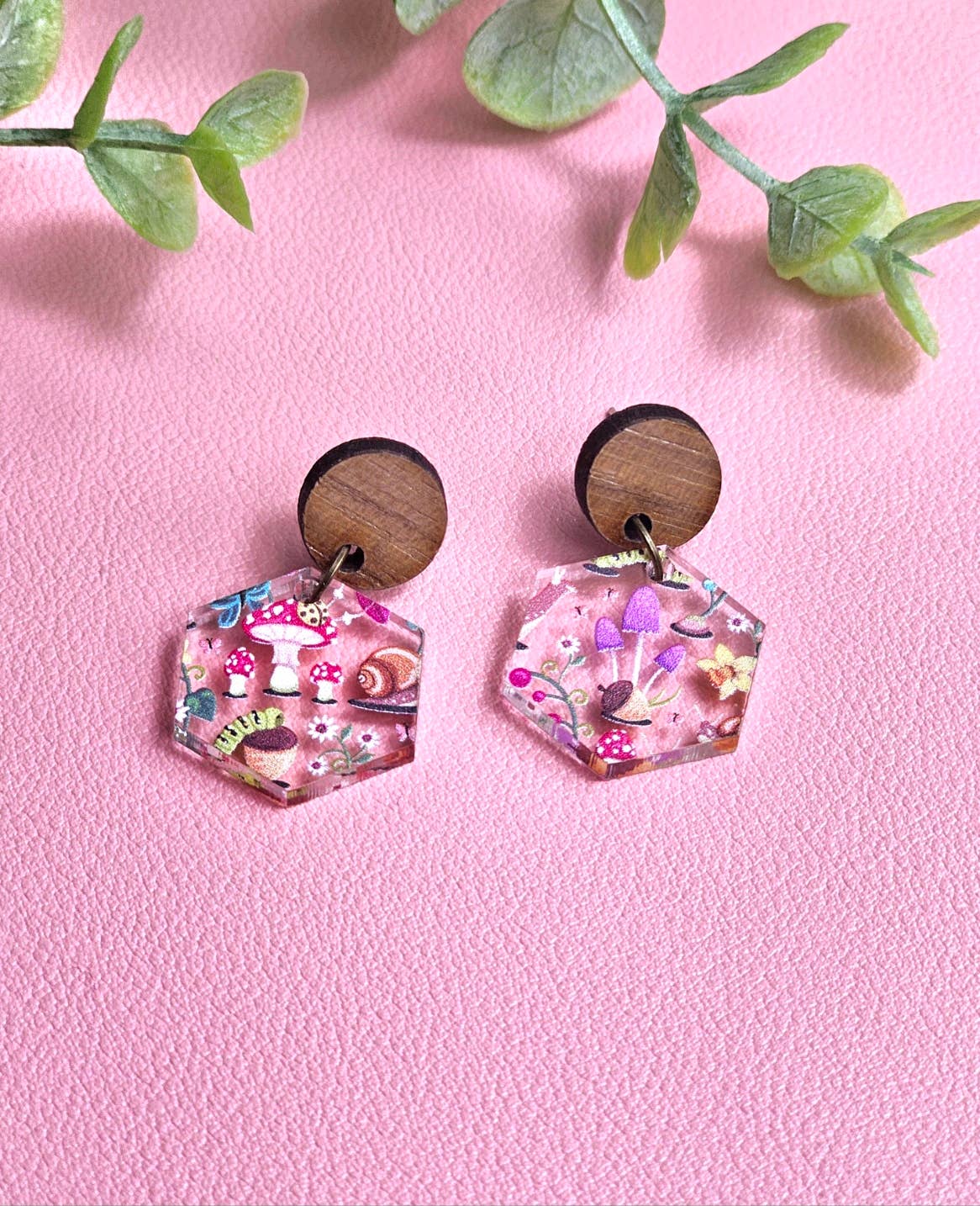 Mushroom Forest Earring Dangle with Wood Stud Topper