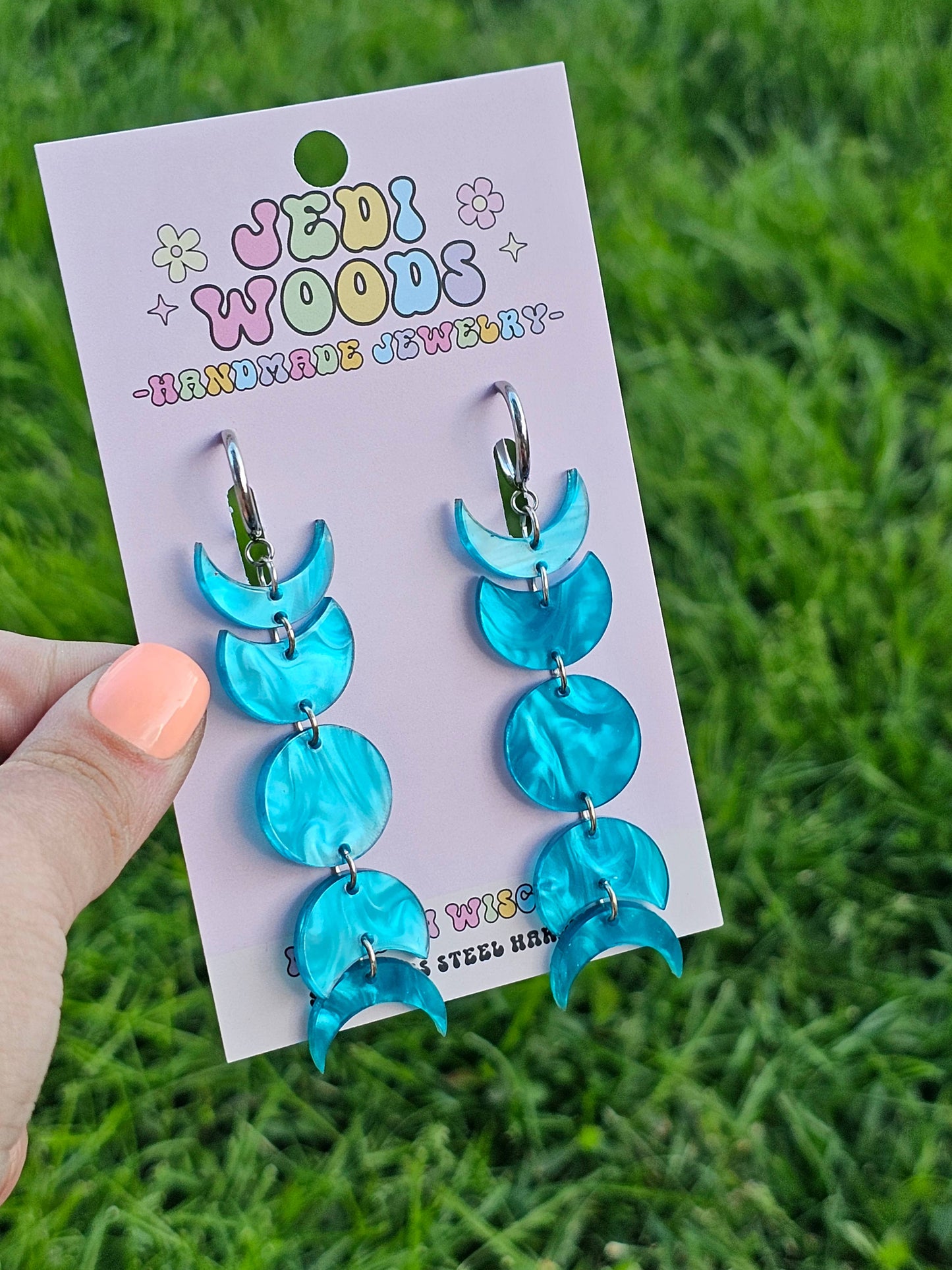Silky Blue Moon Phase Earrings with Gauge Friendly Hardware