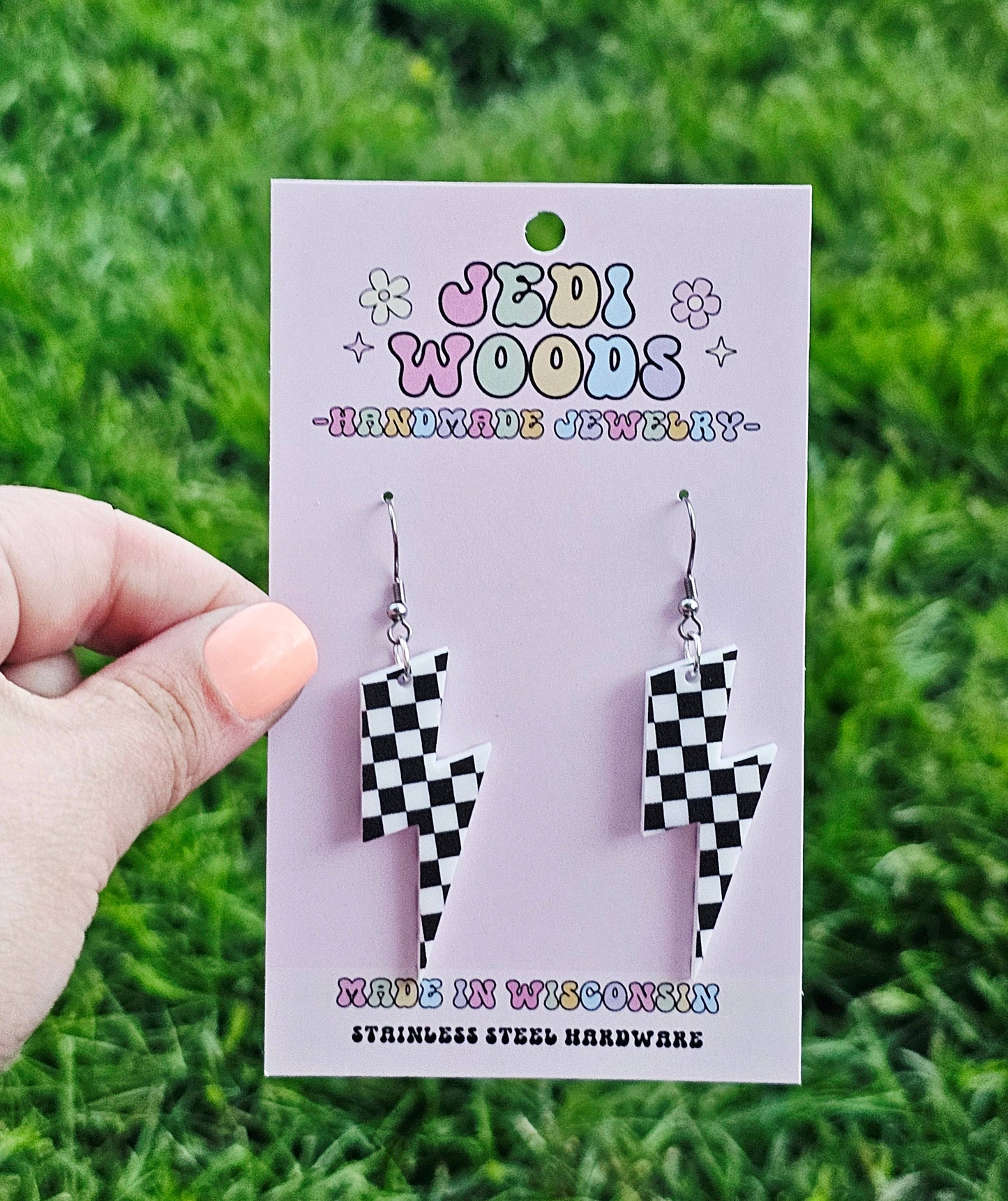 Checkered Flag Acrylic Lightening Bolt Earrings