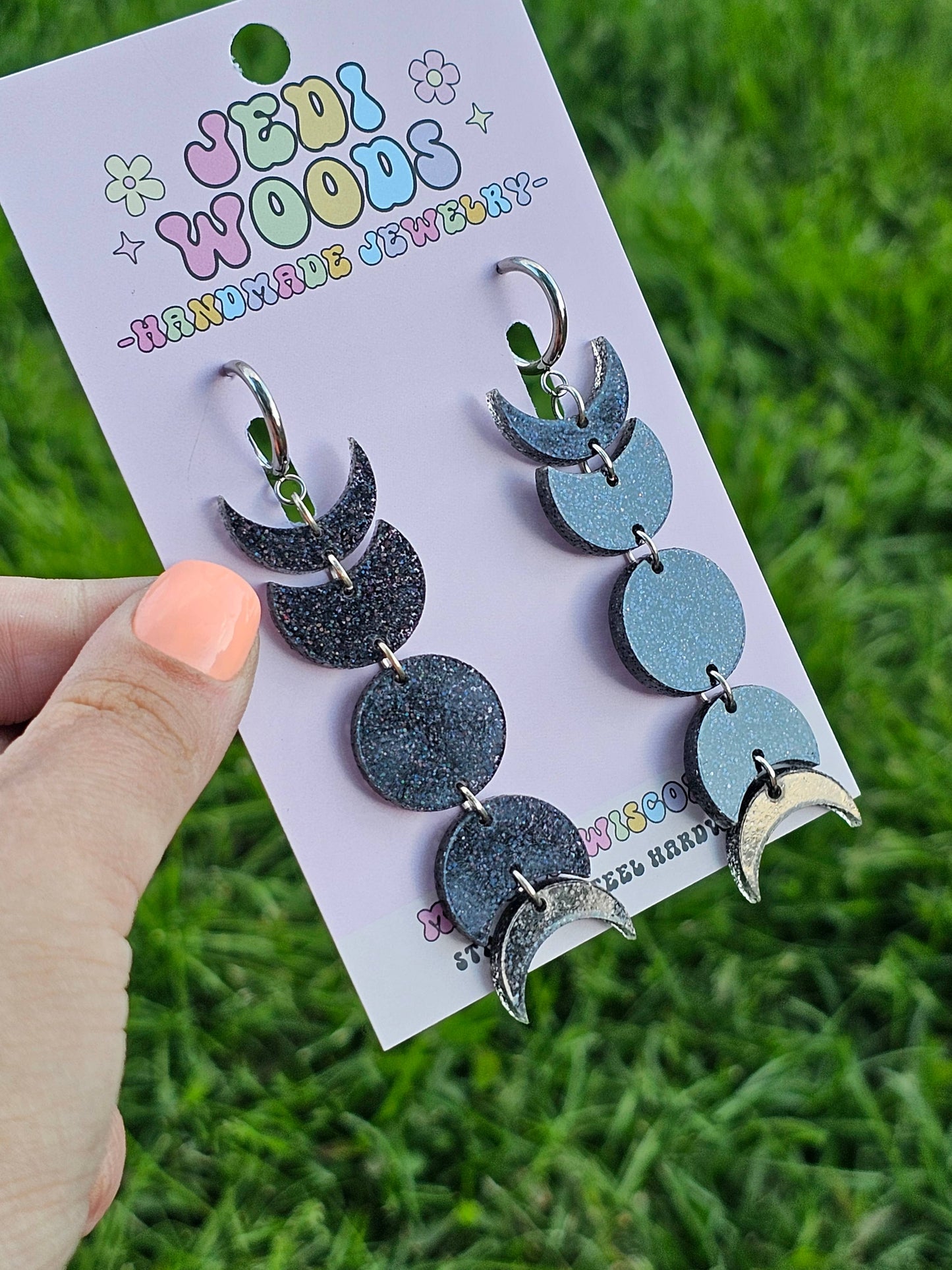 Black Glitter Moon Phase Earrings - Gauge Friendly Huggies