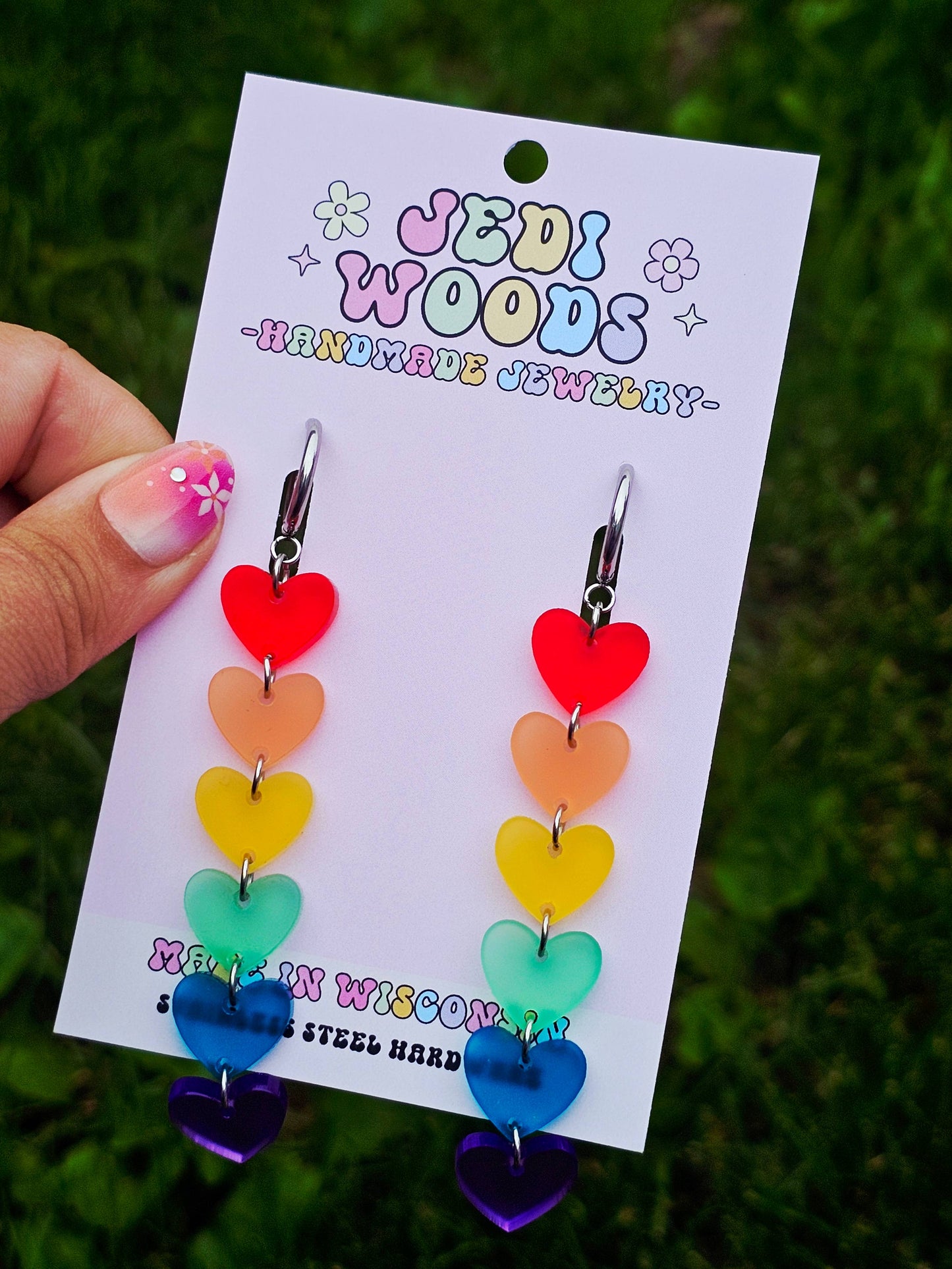 Rainbow Heart Drop Earrings with Gauge Friendly Hardware: Stainless Steel Huggies