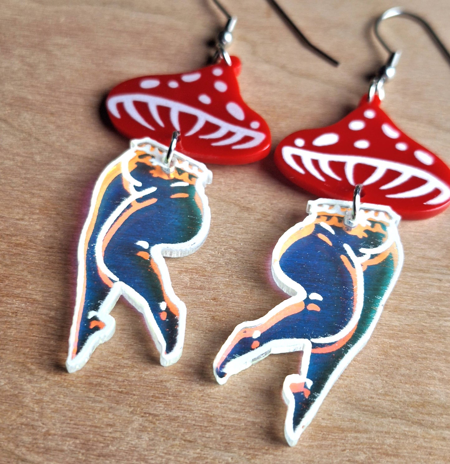 Mushroom Lady Earrings with Red and Irredescent Acrylic