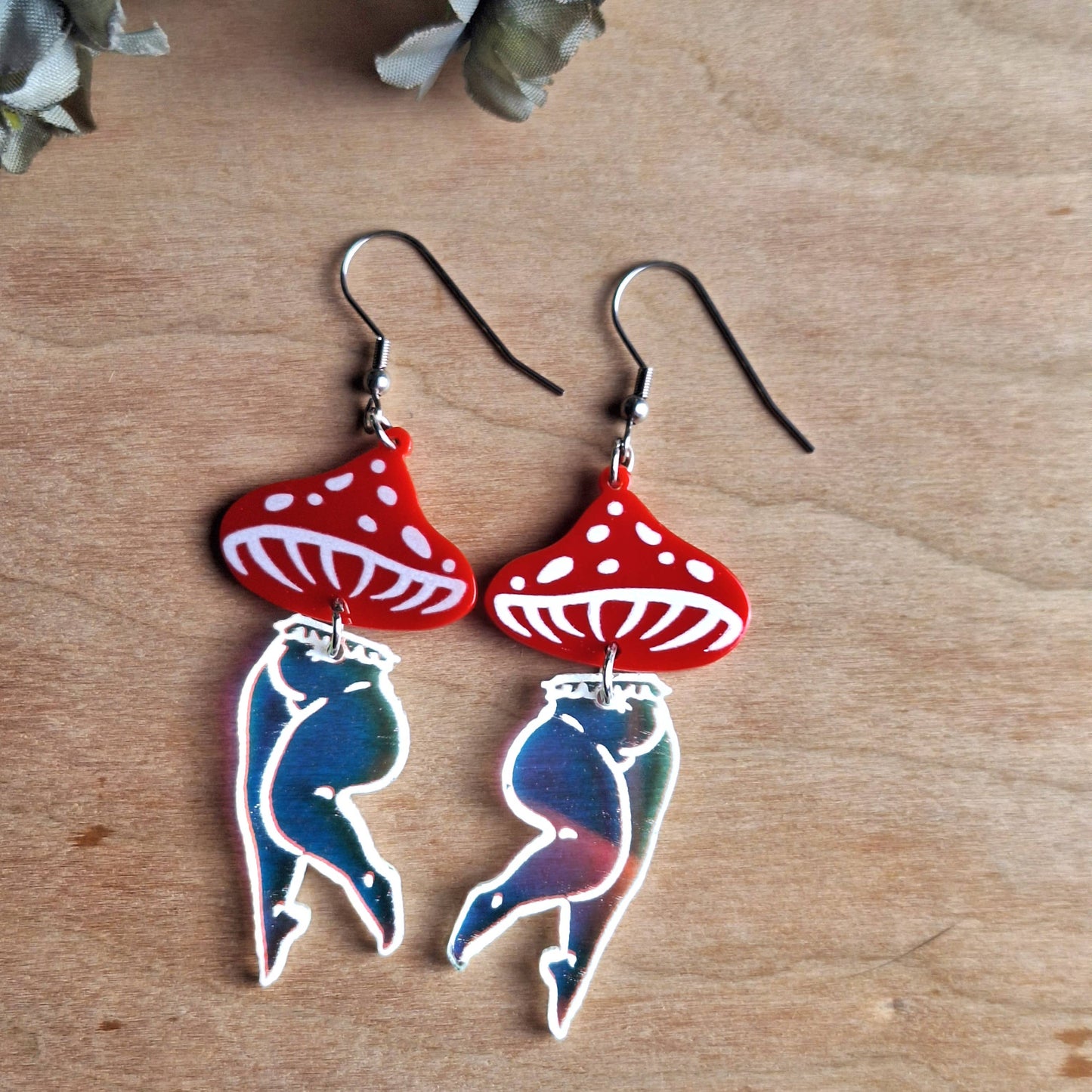 Mushroom Lady Earrings with Red and Irredescent Acrylic