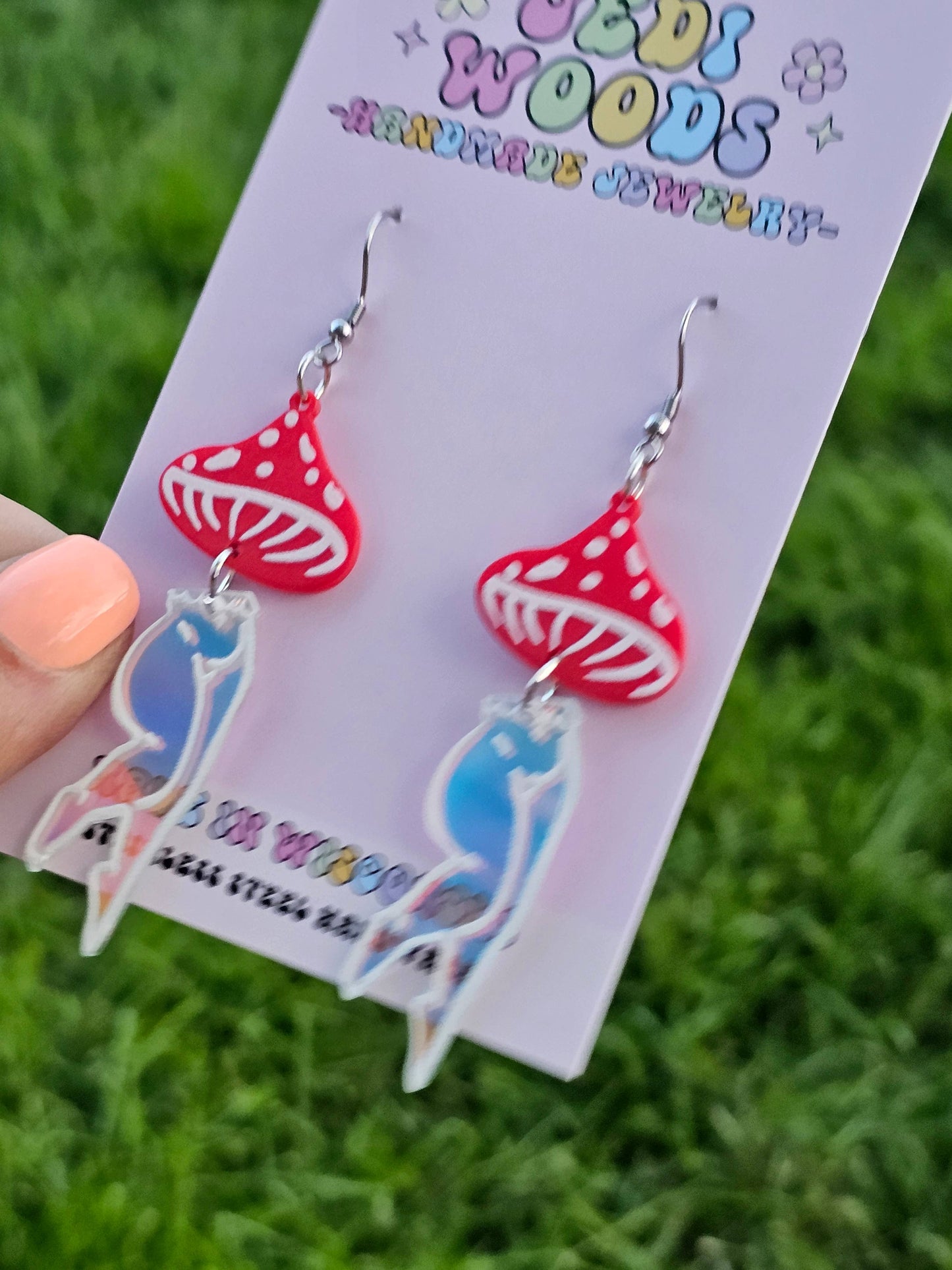 Mushroom Lady Earrings with Red and Irredescent Acrylic