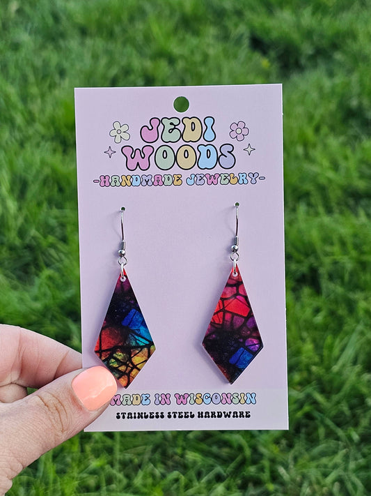 Stained Glass Rainbow Diamond Kite Shaped Earrings