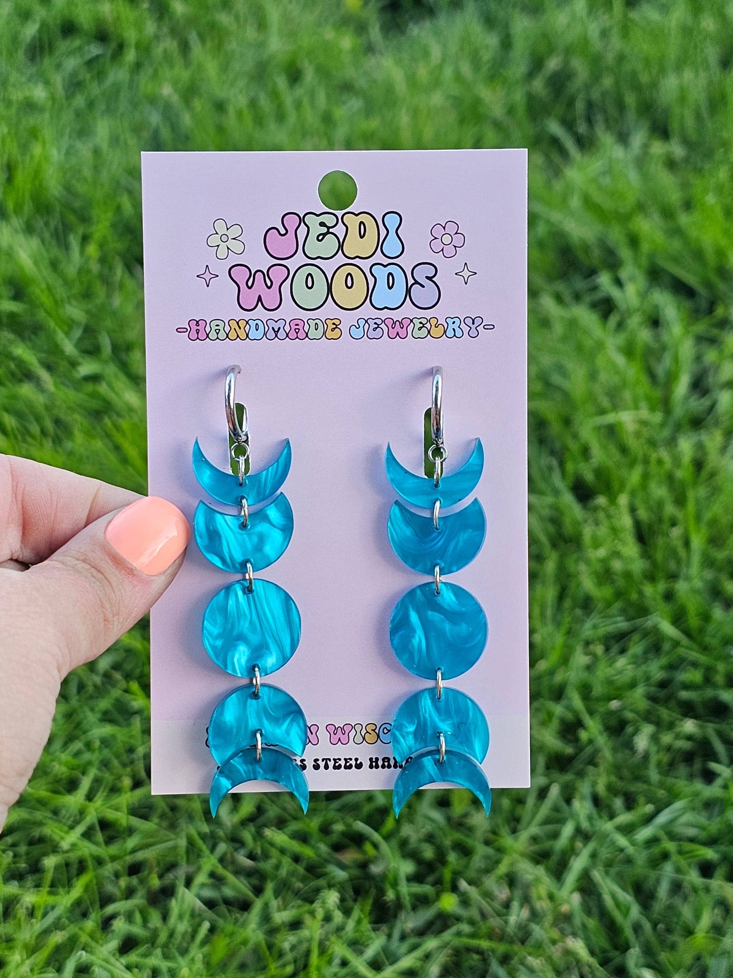 Silky Blue Moon Phase Earrings with Gauge Friendly Hardware
