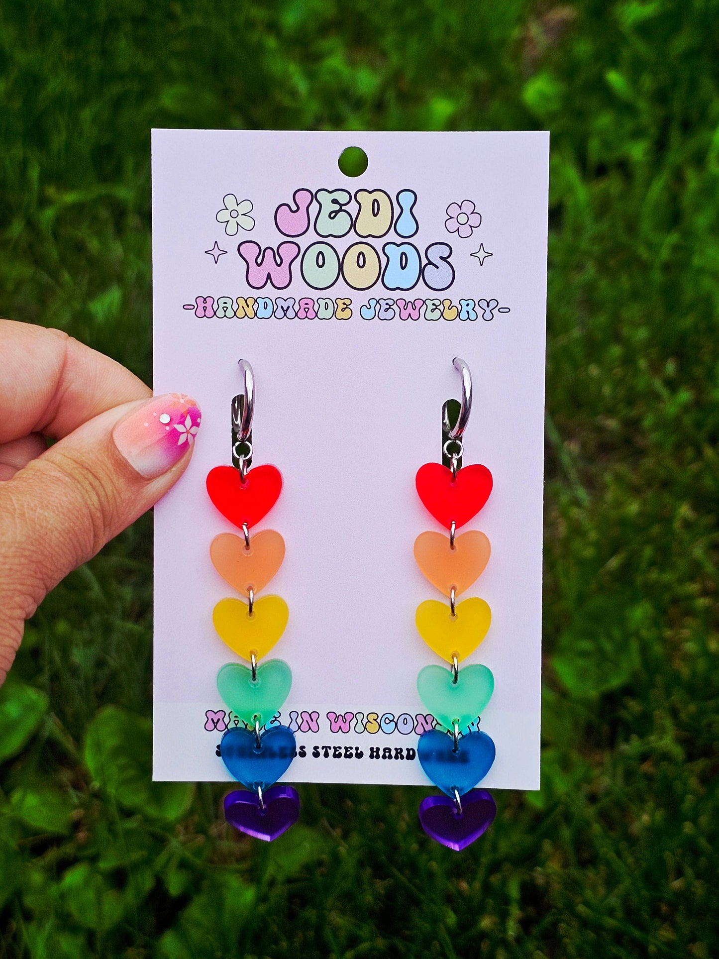 Rainbow Heart Drop Earrings with Gauge Friendly Hardware: Stainless Steel Huggies