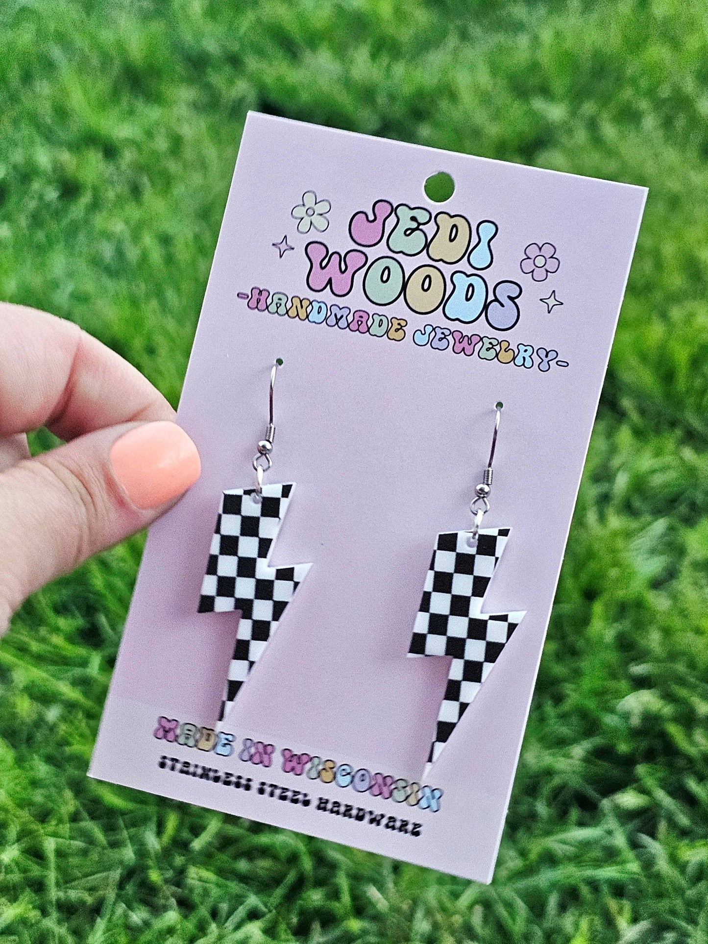 Checkered Flag Acrylic Lightening Bolt Earrings
