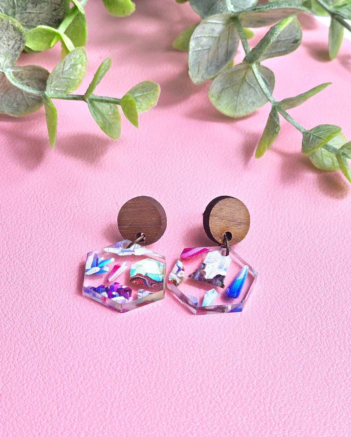 Clear Crystal Earrings with Wooden Stud Toppers