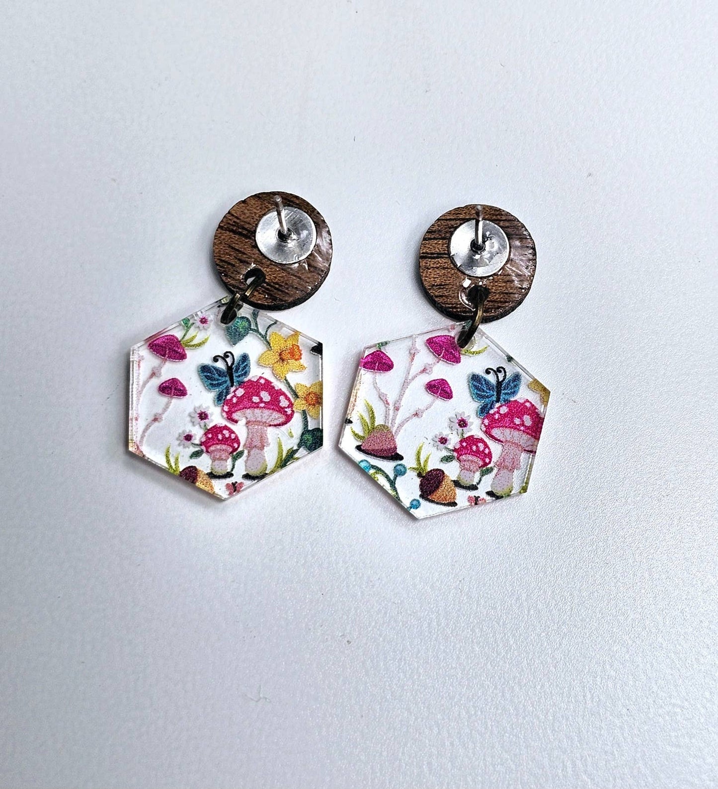 Mushroom Forest Earring Dangle with Wood Stud Topper