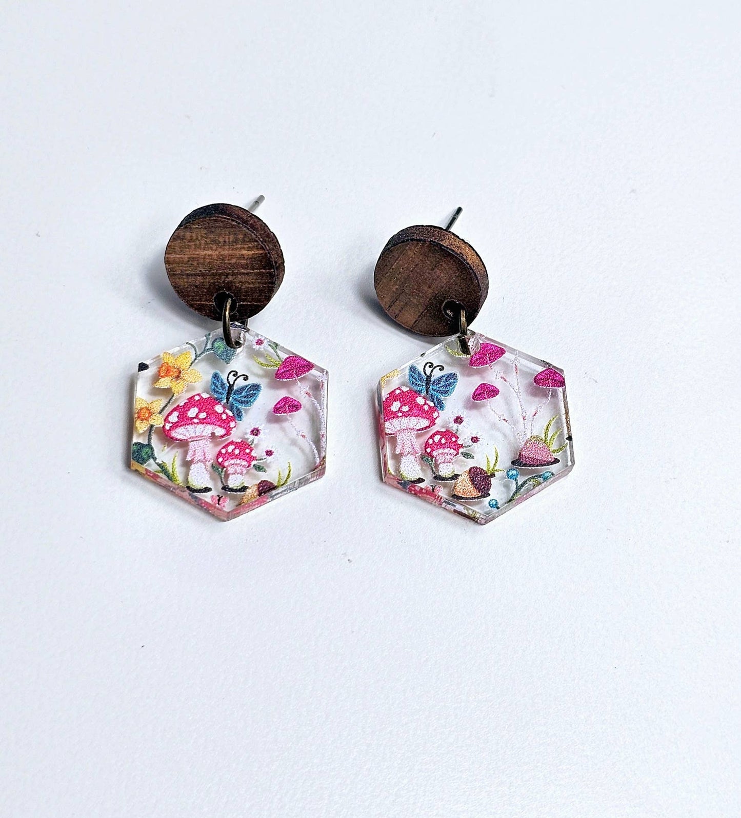 Mushroom Forest Earring Dangle with Wood Stud Topper