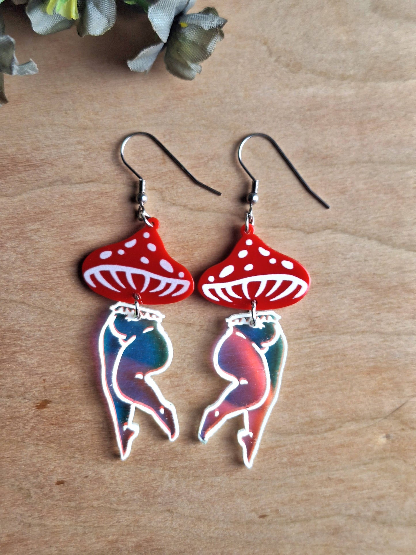 Mushroom Lady Earrings with Red and Irredescent Acrylic