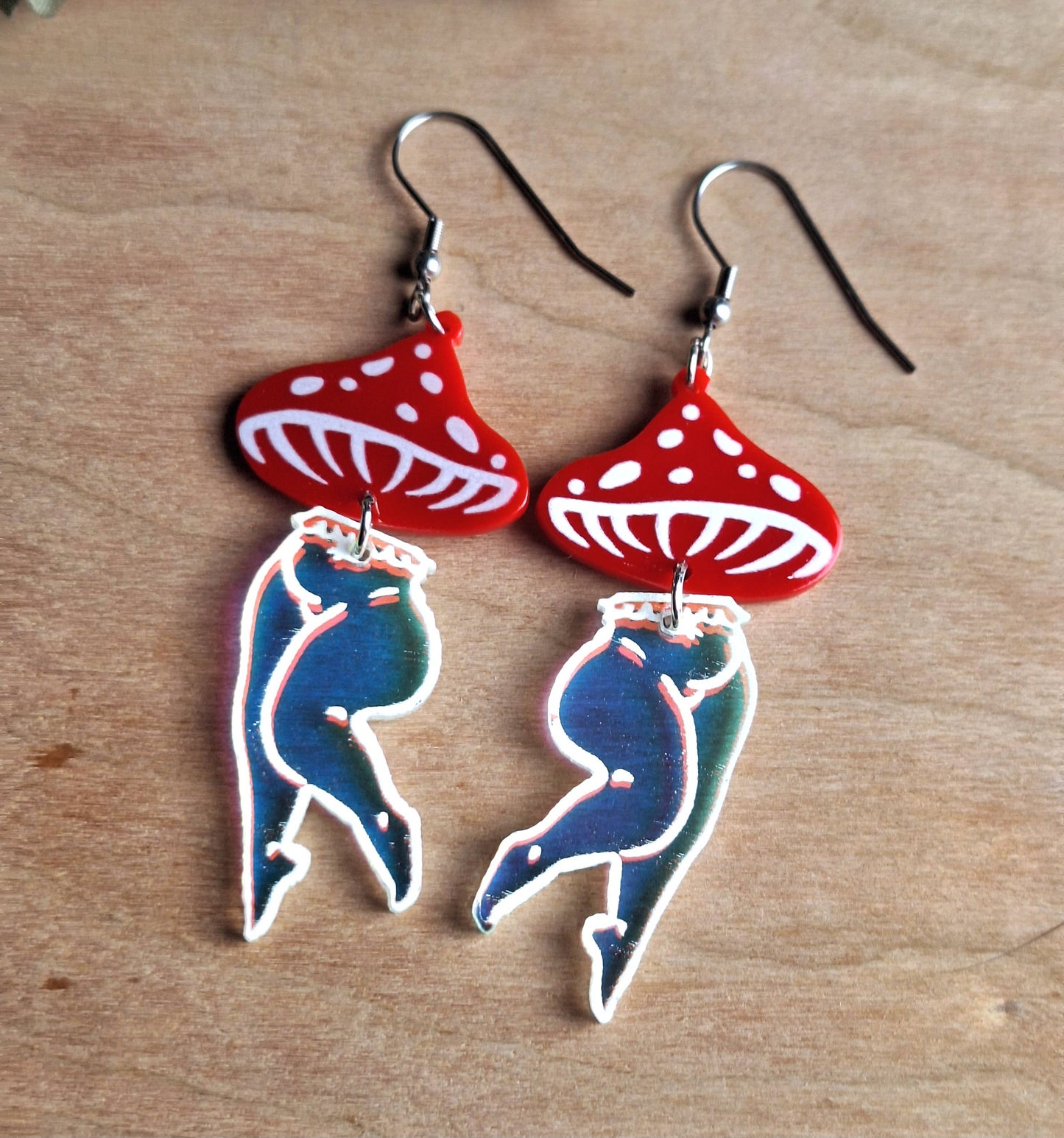 Mushroom Lady Earrings with Red and Irredescent Acrylic