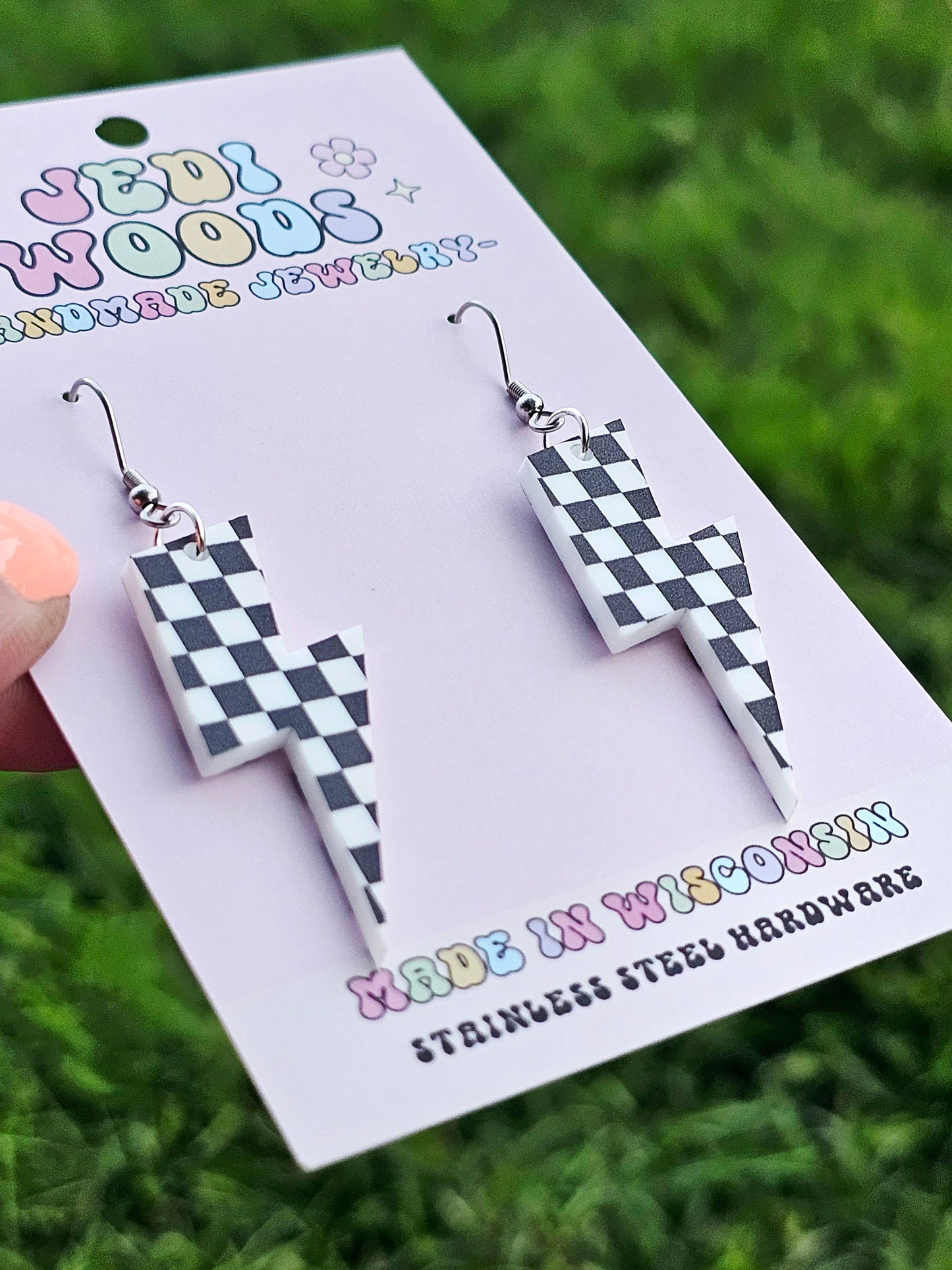 Checkered Flag Acrylic Lightening Bolt Earrings