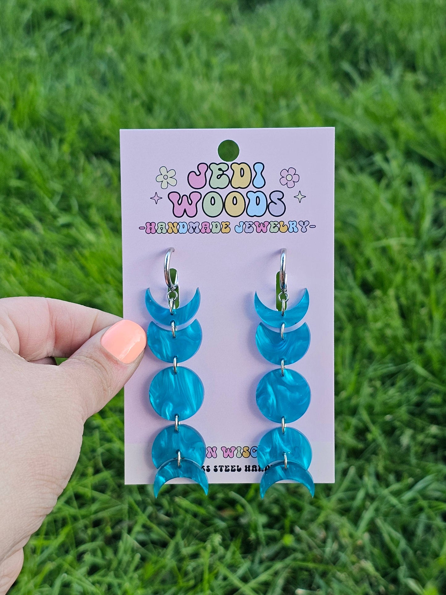 Silky Blue Moon Phase Earrings with Gauge Friendly Hardware