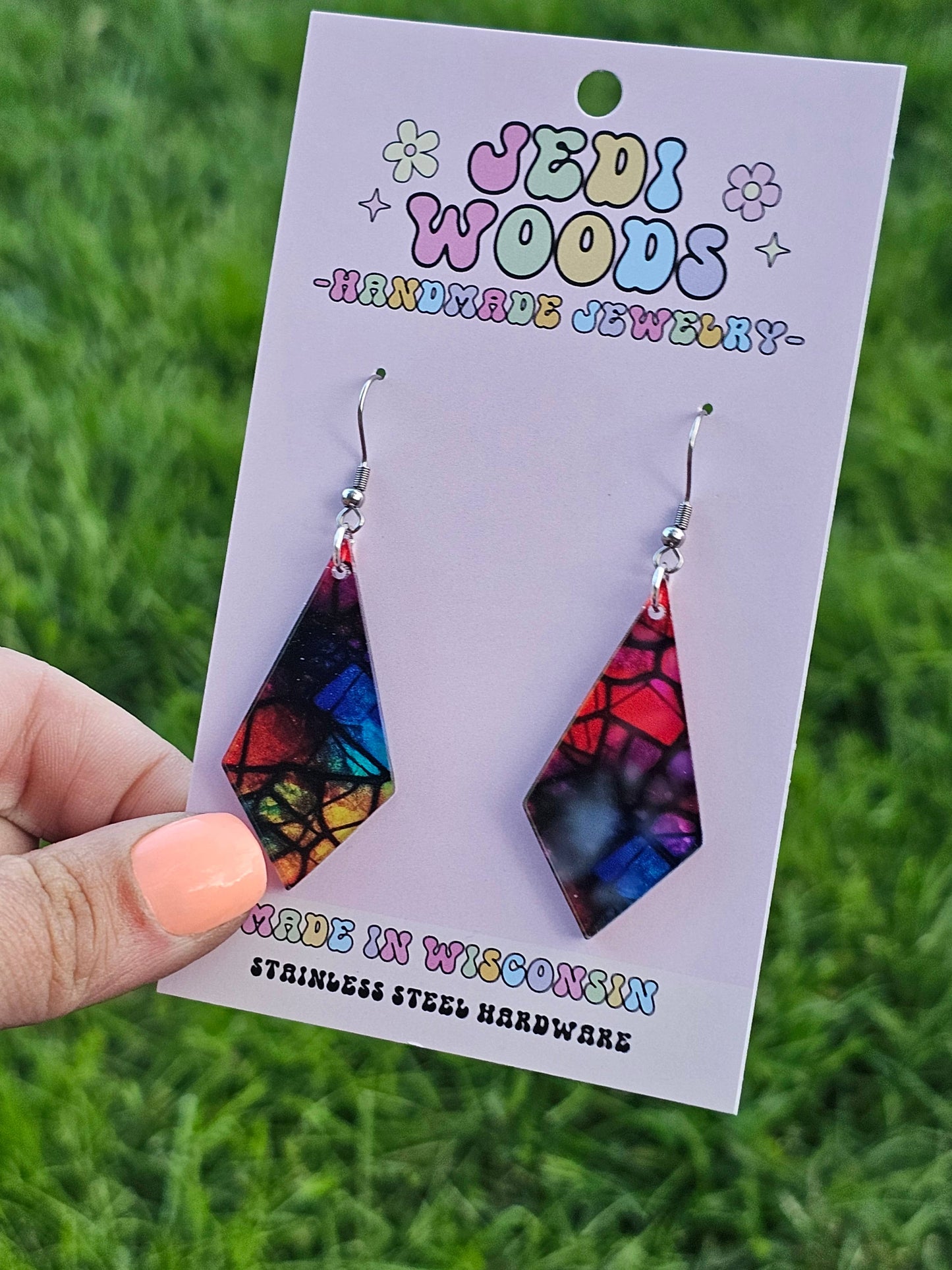 Stained Glass Rainbow Diamond Kite Shaped Earrings