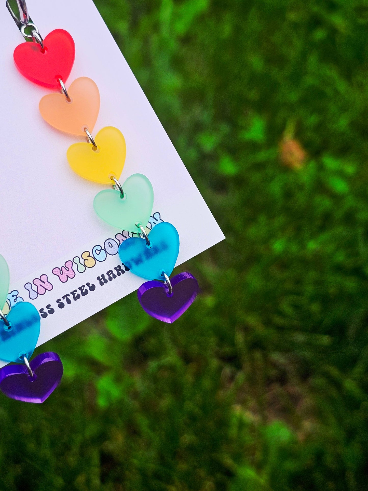 Rainbow Heart Drop Earrings with Gauge Friendly Hardware: Stainless Steel Huggies