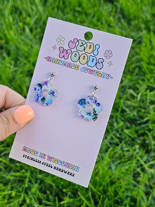 Blue Watercolor Floral Earrings