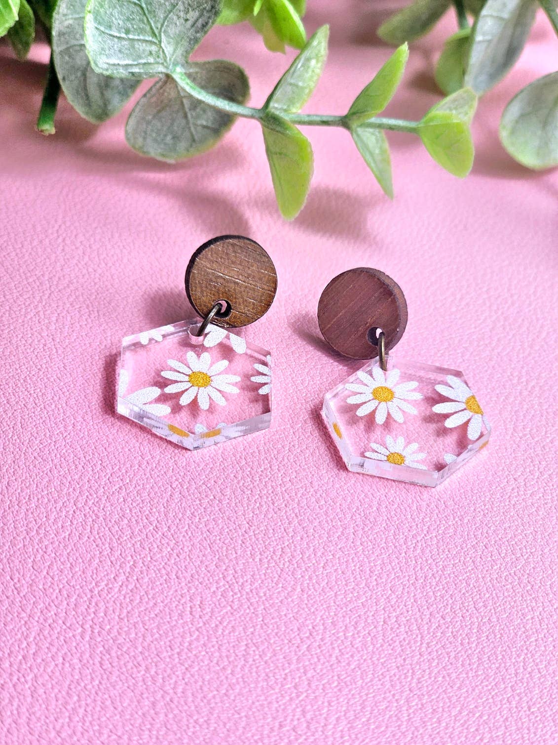 Clear Daisy Earrings with round walnut stud topper