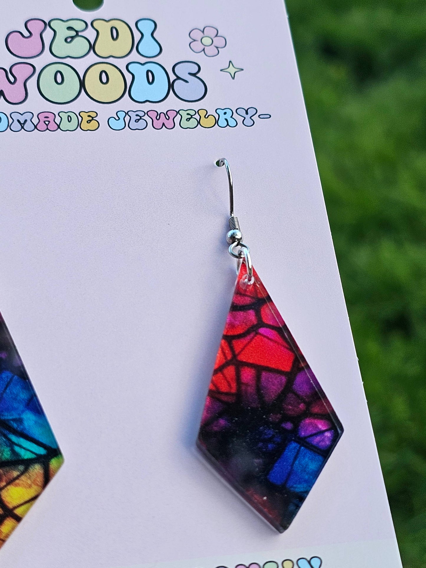 Stained Glass Rainbow Diamond Kite Shaped Earrings